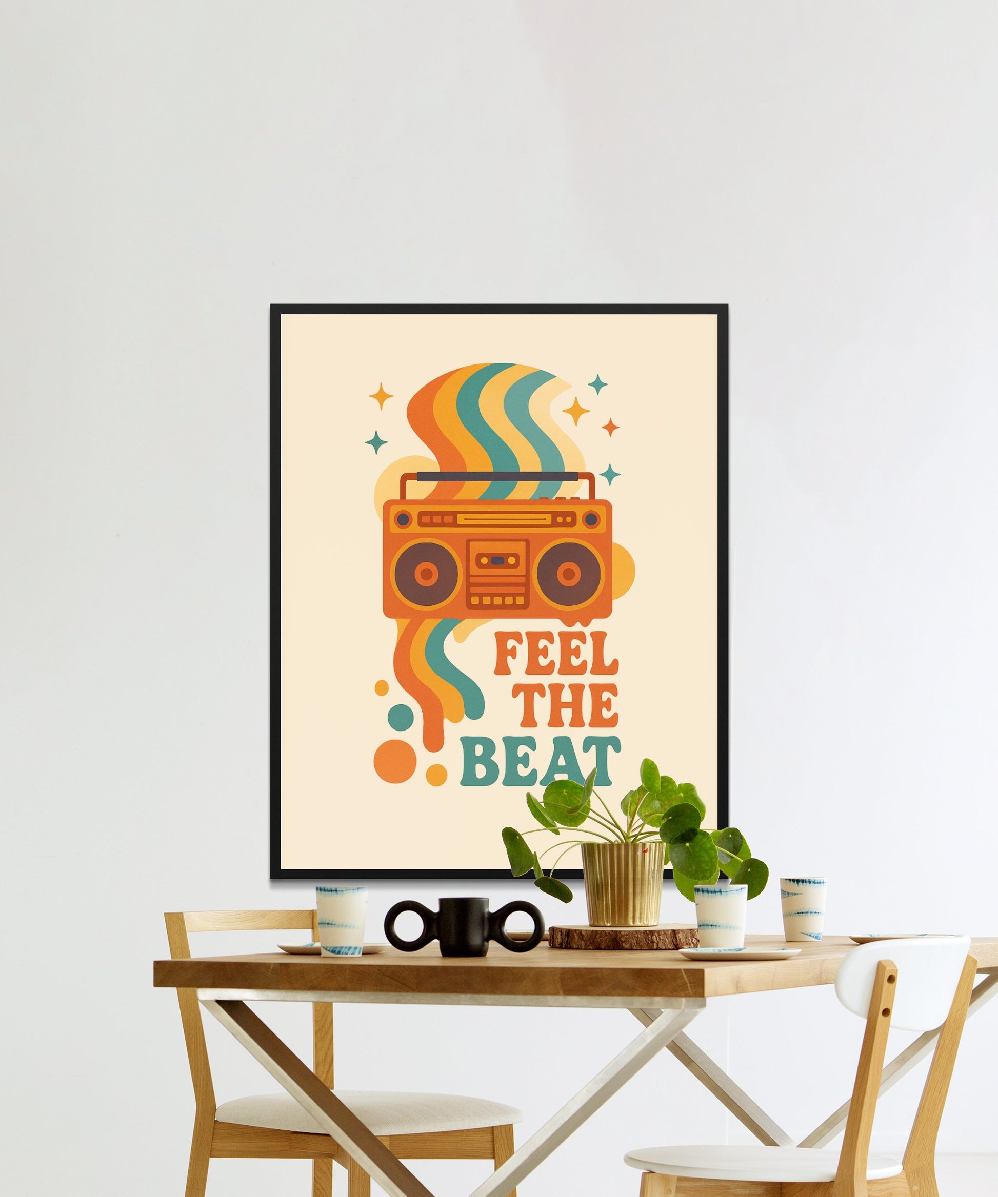 Vintage Style Boombox Poster, 'Feel the Beat' Retro Wall Art, Colorful Music Print for Home Decor