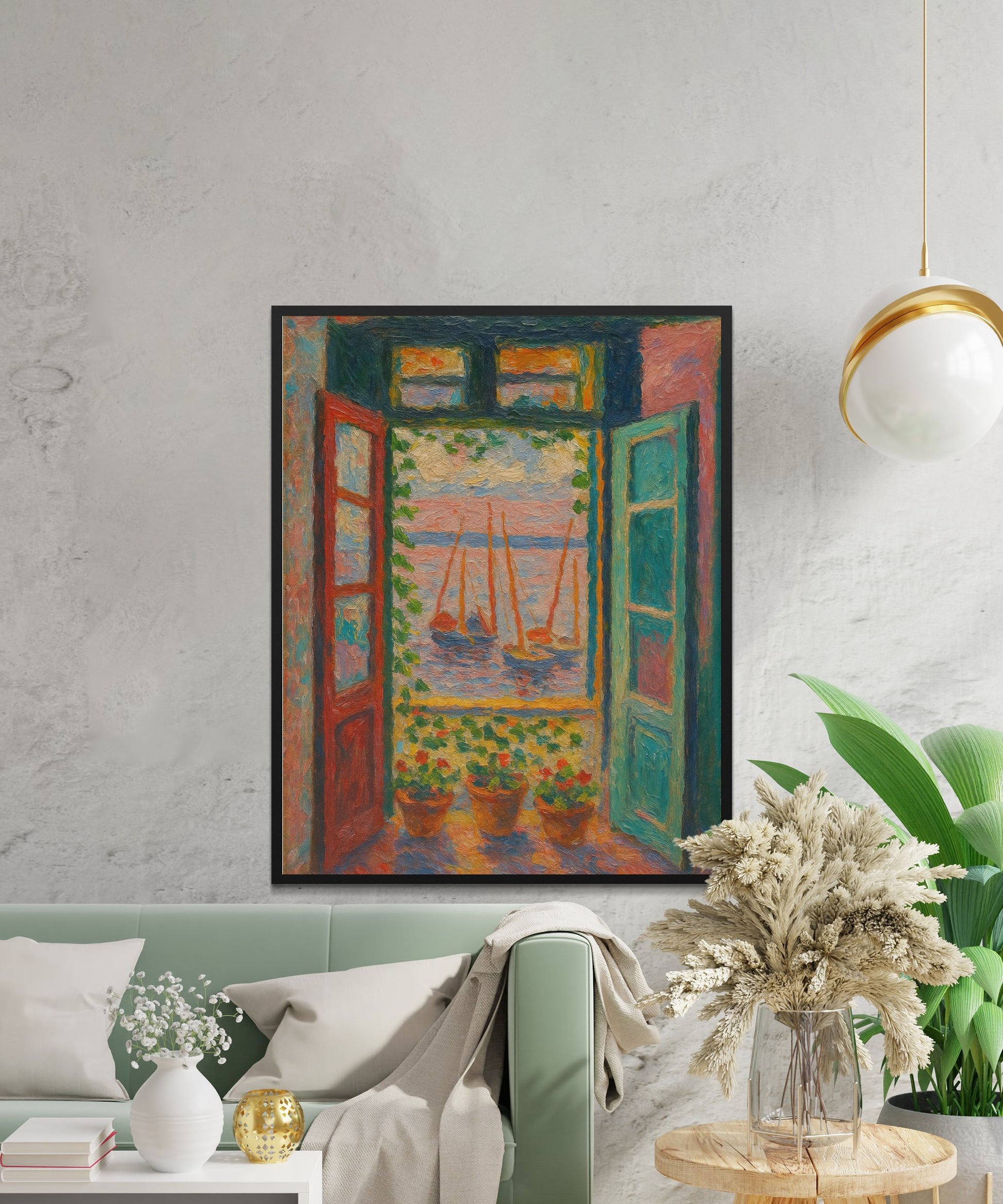 Colorful Abstract Canvas Wall Art, Vintage Window and Curtains Painting, Modern Living Room Decor, Artistic Home Interior Design