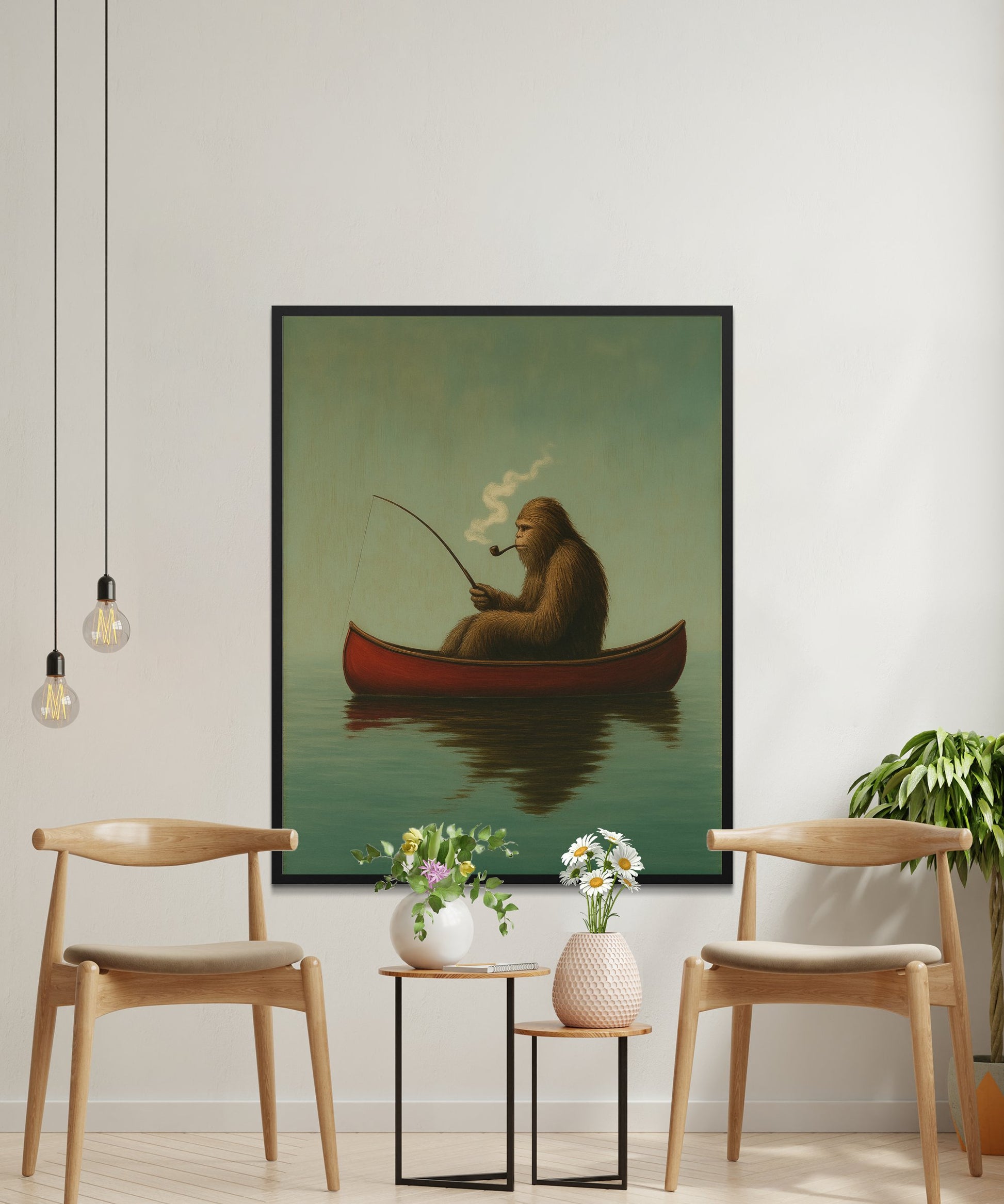 Vintage Style Sloth Fishing Art Poster, Calming Lake Scenery Wall Decor, Unique Home Decoration