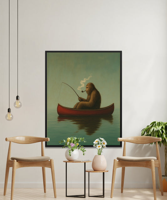 Vintage Style Sloth Fishing Art Poster, Calming Lake Scenery Wall Decor, Unique Home Decoration