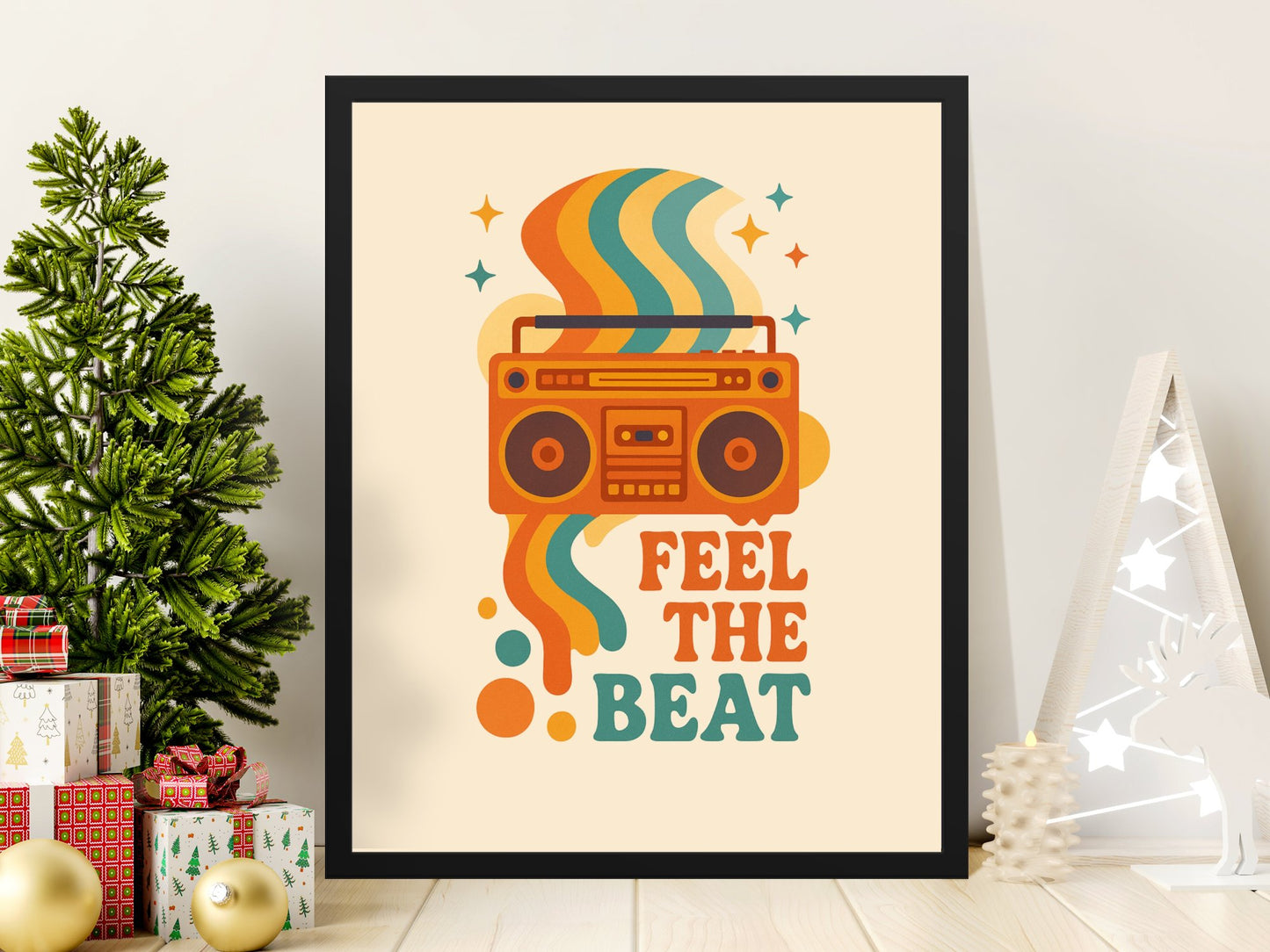 Retro Boombox Art Print, Vintage Cassette Player Poster, Feel The Beat Wall Decor, Colorful Music Illustration