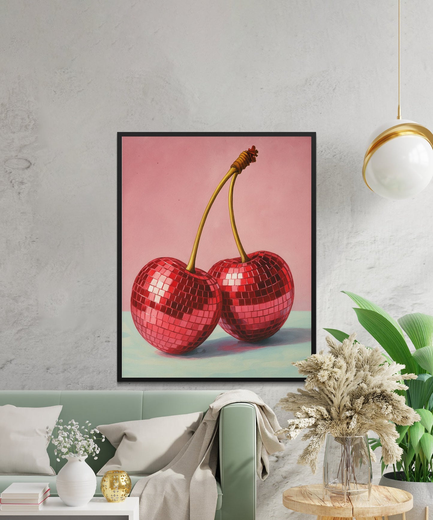 Large Disco Ball Cherry Art Print, Modern Kitchen Wall Decor, Vibrant Colorful Fruit Poster, Unique Home Decoration Idea, Glossy Finish