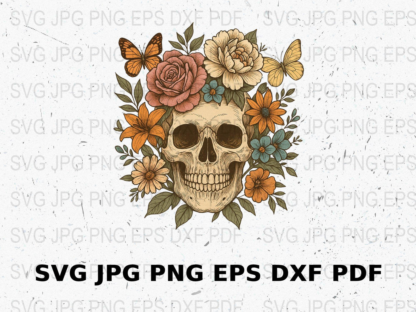 Floral Skull SVG, Vintage Skull Clipart, Boho Flower Crown, Digital Download, PNG, EPS, DXF, PDF Files for Cricut and Printing