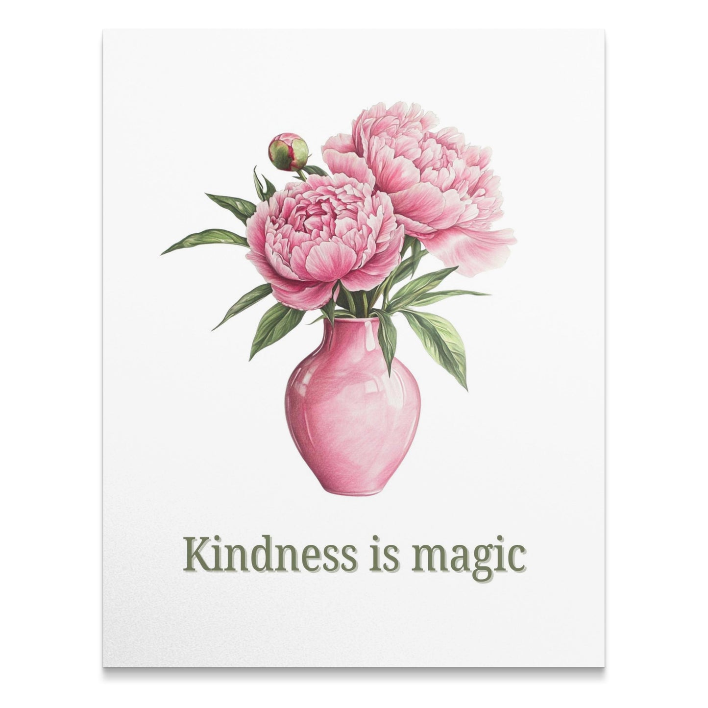Kindness is Magic Peony Flower Vase Art Print, Pink Floral Wall Decor, Botanical Illustration Poster, Home Decor Gift