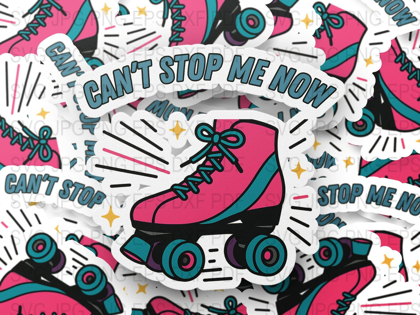 Colorful Retro Roller Skate Stickers, 'Can't Stop Me Now' Motivational Decals, Vibrant Waterproof Vinyl Sticker Pack for Laptops and