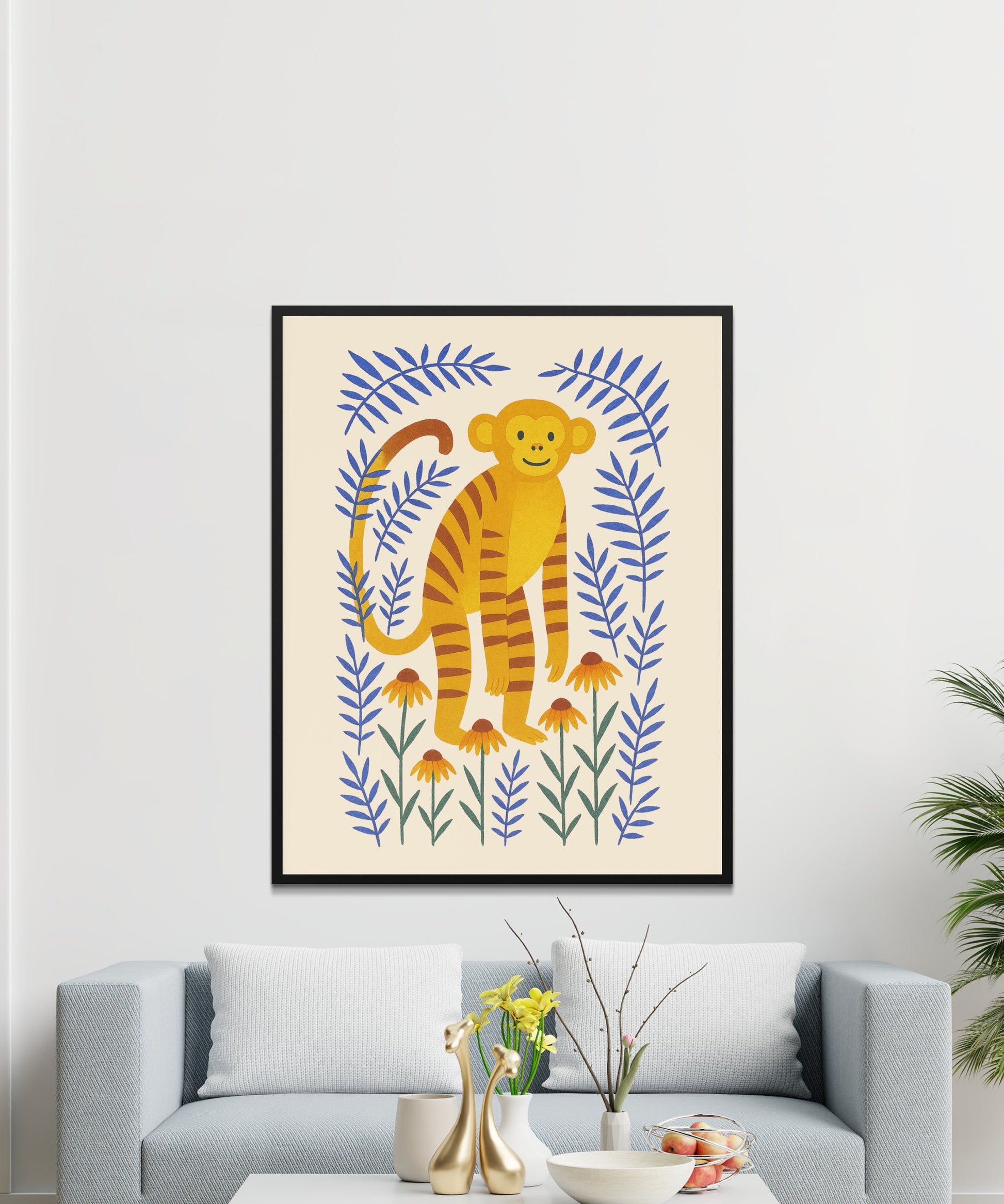 Colorful Monkey Art Print, Tropical Jungle Wall Decor, Kids Room Illustrated Poster, Vibrant Animal Artwork, Nursery Wall Hanging