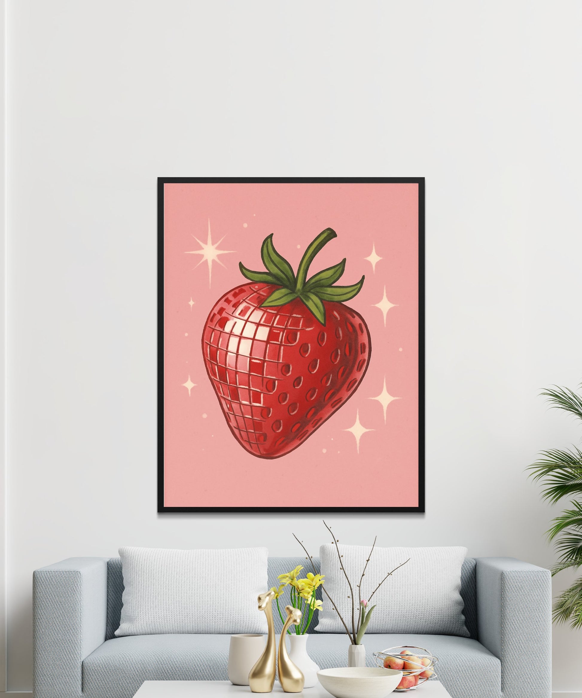 Strawberry Art Print, Sparkling Fruit Wall Decor, Modern Kitchen Artwork, Vibrant Red Digital Illustration