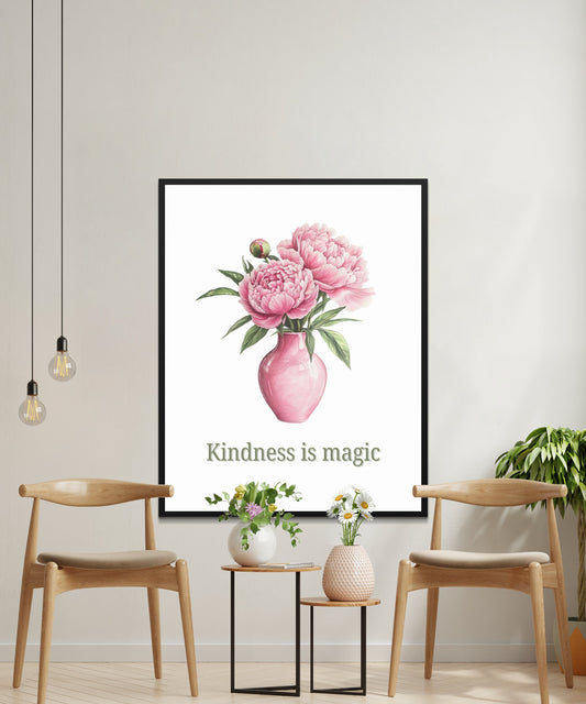 Kindness is Magic Peony Wall Art, Pink Floral Print, Botanical Home Decor, Inspirational Quote Poster