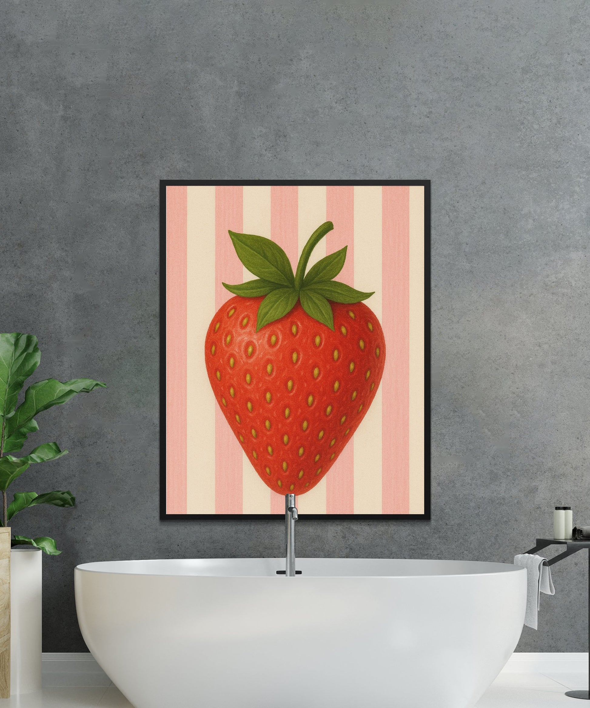 Modern Strawberry Art Print, Minimalist Fruit Wall Decor, Vibrant Kitchen Poster, Red Berry Illustration