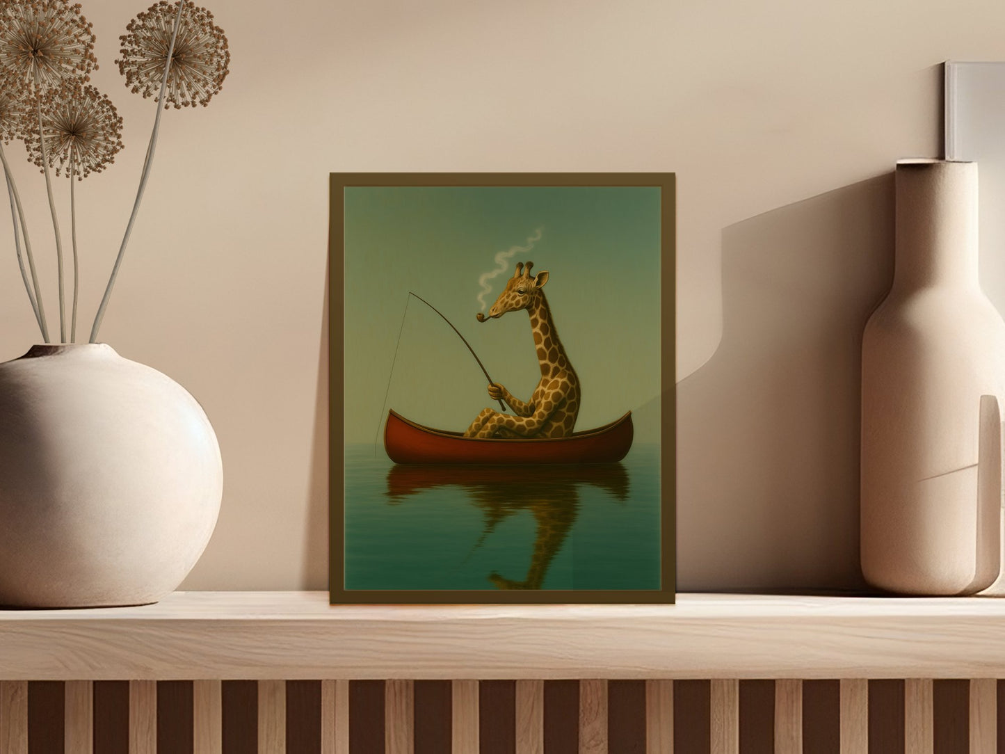 Whimsical Giraffe Fishing Art Print, Boat on Lake, Playful Nursery Wall Decor, Unique Animal Poster, Gift Idea