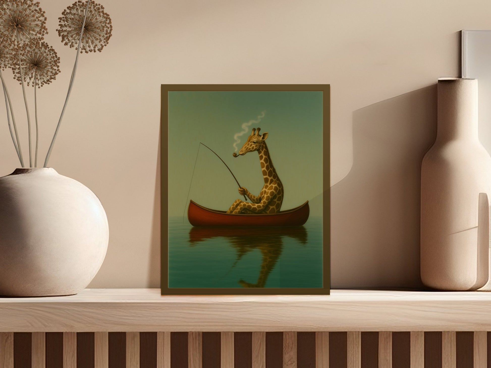 Whimsical Giraffe Fishing Art Print, Boat on Lake, Playful Nursery Wall Decor, Unique Animal Poster, Gift Idea