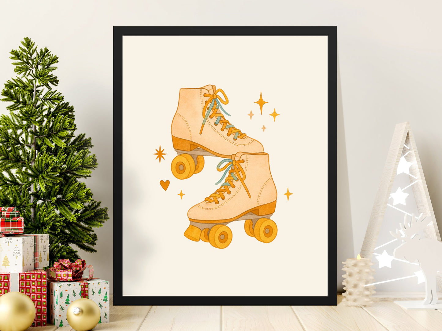 Vintage Roller Skates Print, Retro Skating Wall Art, Orange Roller Derby Decor, Christmas Gift Idea, Framed Art for Home and Office