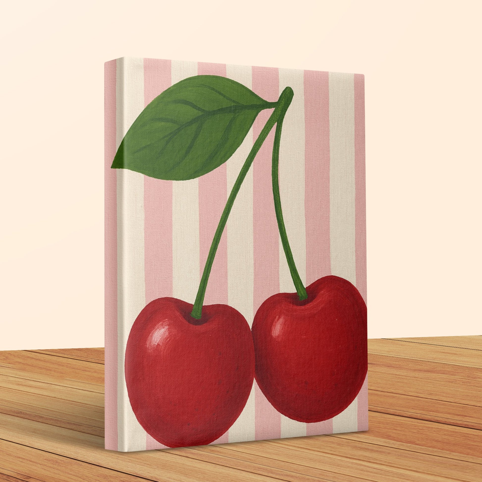 Canvas Art Print with Red Cherries, Vintage-Inspired Kitchen Wall Decor, Pink Striped Background, Fruit Painting