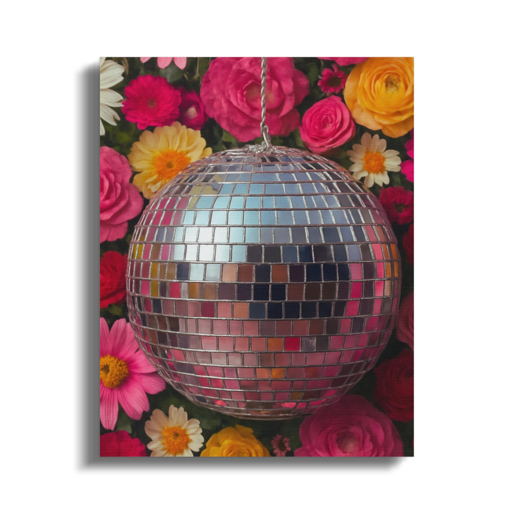Floral Background Disco Ball Canvas Art, Colorful Flowers Home Decor, Party Wall Hanging