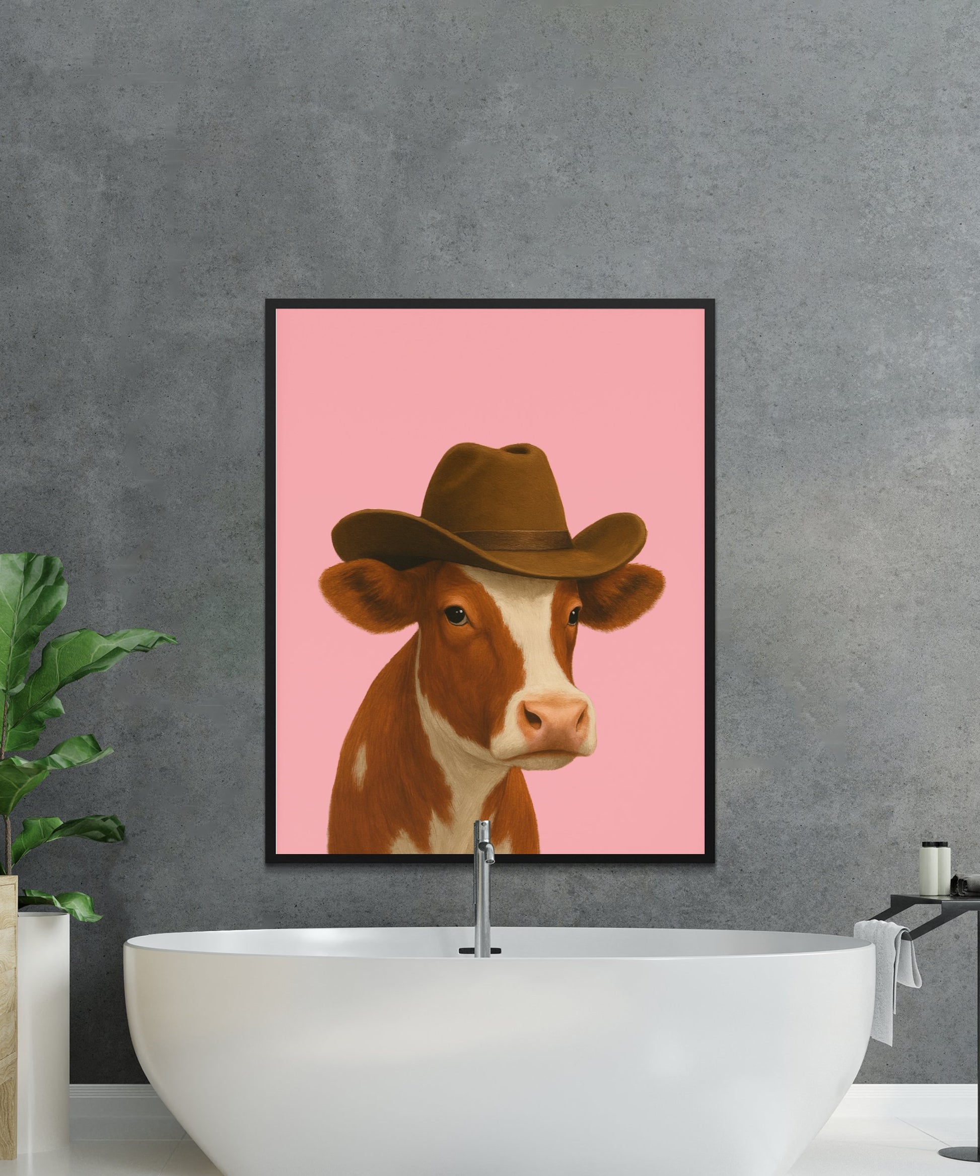 Cowboy Hat Cow Art Print, Farmhouse Decor, Modern Wall Art, Pink Canvas Poster, Rustic Home Decor, Unique Animal Illustration