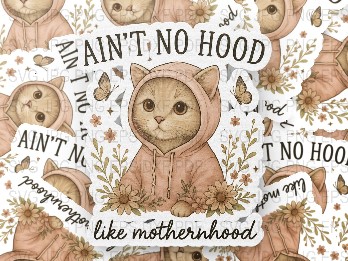 Cute Cat in Hood Motherhood Quote Floral Background Sticker for Laptop, Planner Decor