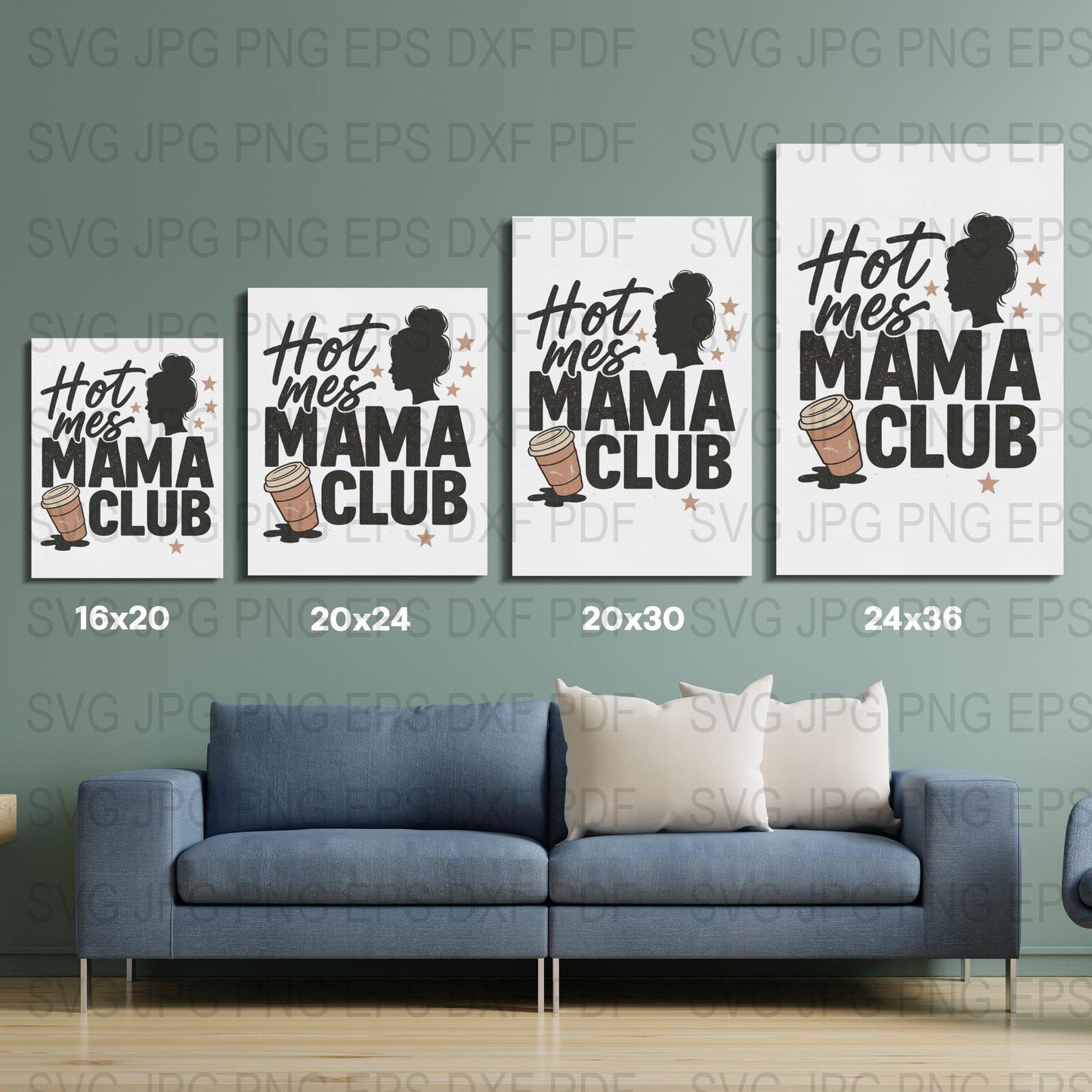 Hot Mess Mama Club Wall Art, Modern Home Decor, Digital Print Set, Coffee Cup Silhouette, Chic Living Room Poster