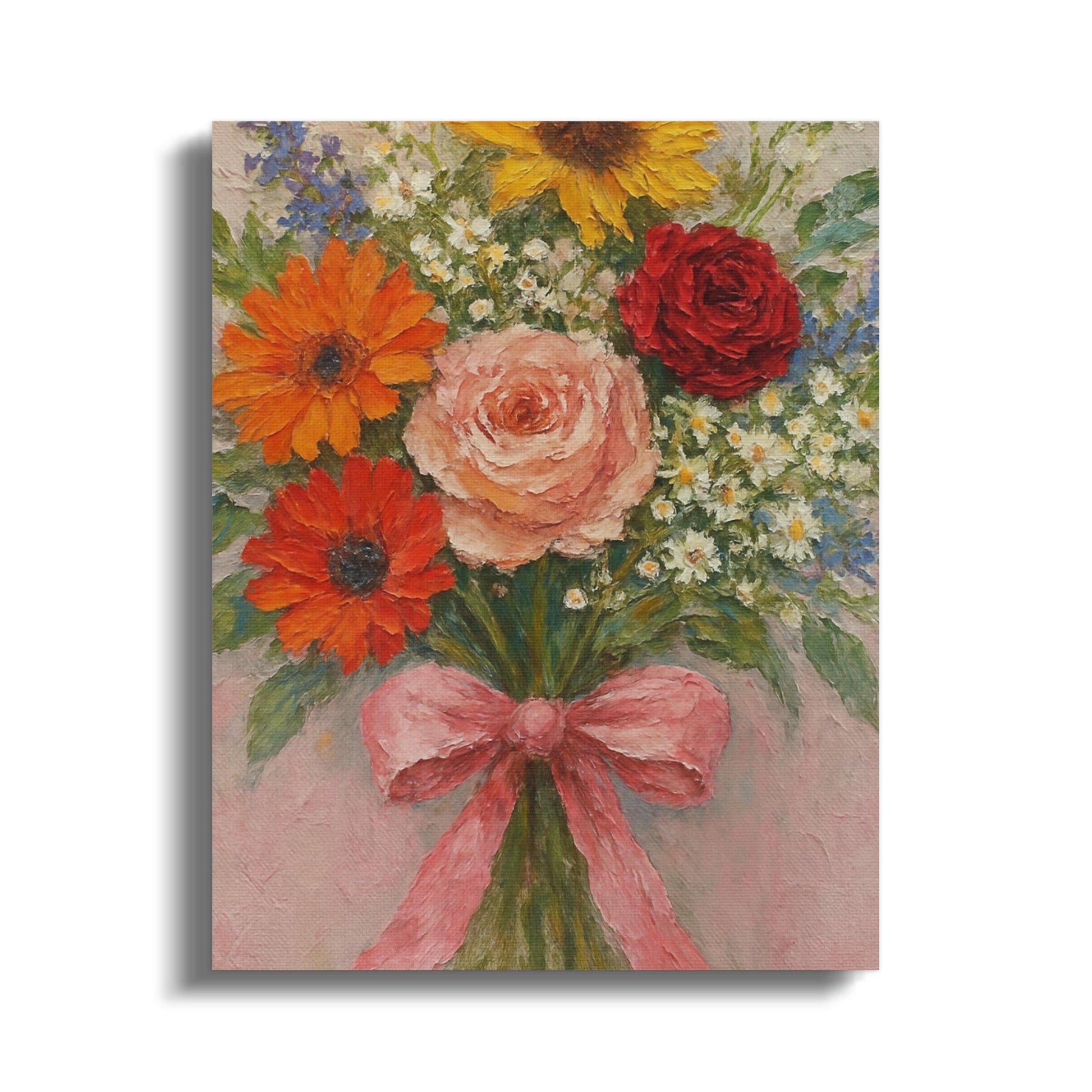 Floral Canvas Art Print, Colorful Bouquet with Red Bow, Home Decor Wall Art, Bright Flower Painting for Living Room or Bedroom Decor