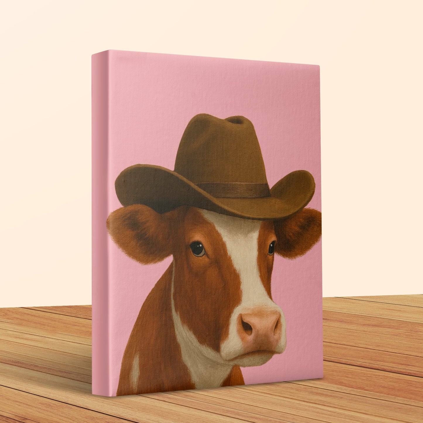 Farmhouse Decor Canvas Art, Cow in Hat Print, Pink Background, Western Style Wall Art, Rustic Animal Painting