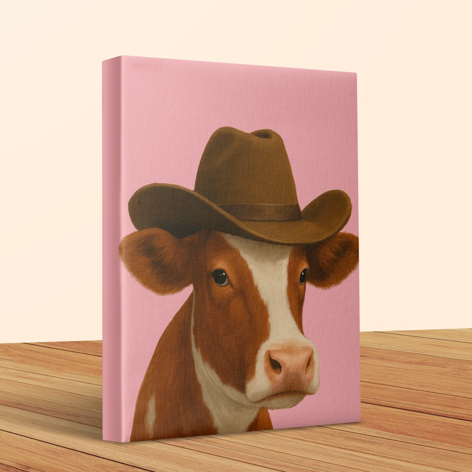 Farmhouse Decor Canvas Art, Cow in Hat Print, Pink Background, Western Style Wall Art, Rustic Animal Painting