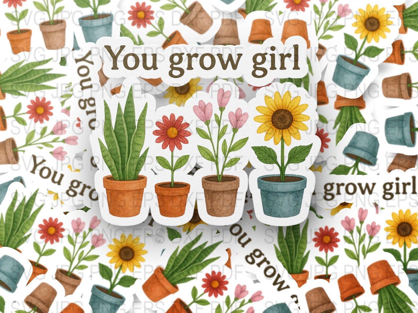 Watercolor Flower and Plant Stickers, You Grow Girl, Cute Gardening Decals, Floral Pot Designs, Sunflower and Succulent Stickers