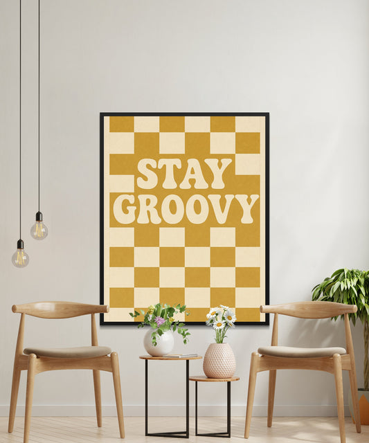 Stay Groovy Retro Poster, Yellow Checkerboard Vintage Wall Art Print, Mid Century Modern Home Decor, Aesthetic Room Decoration