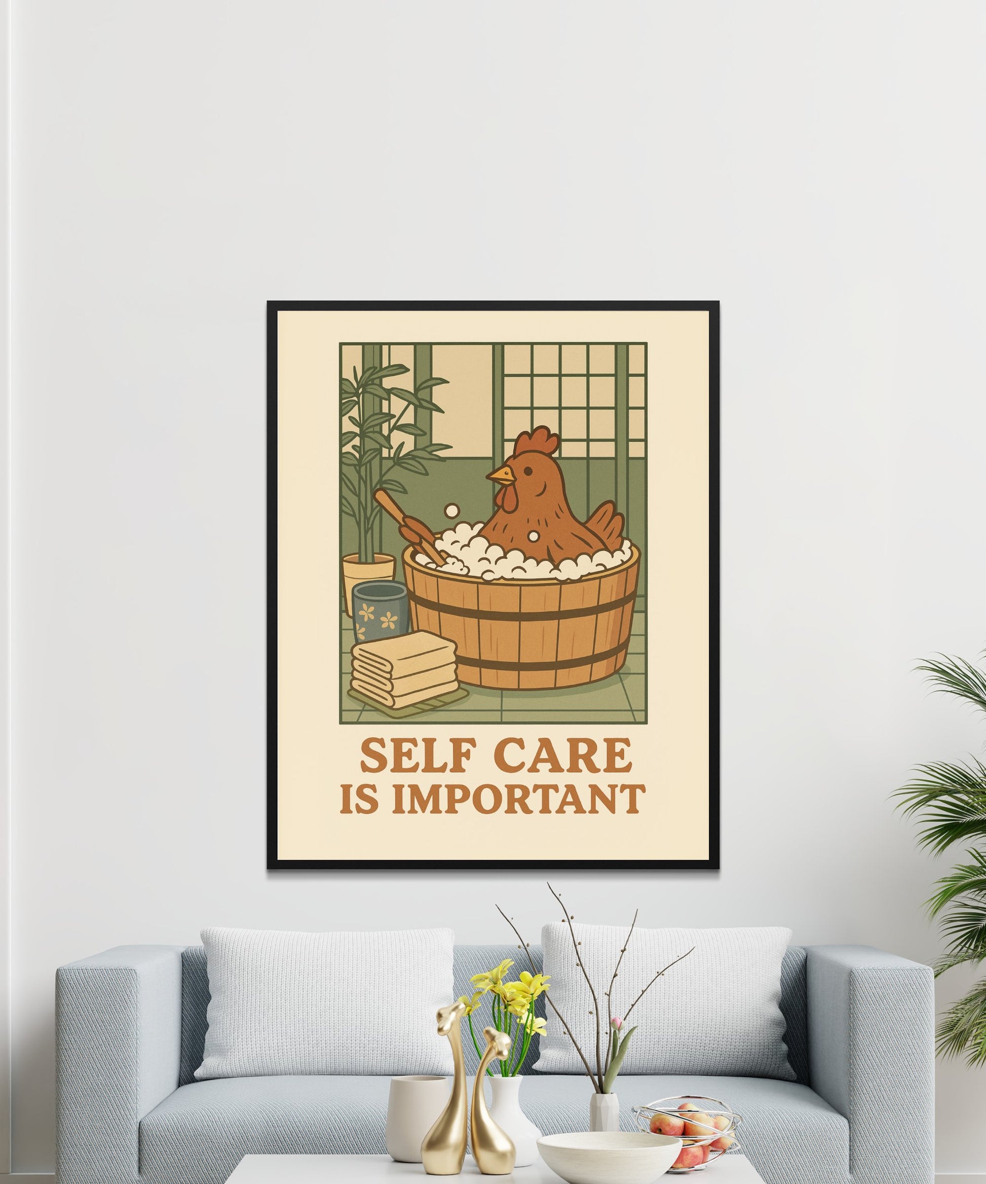 Vintage Style Chicken Bath Art Print, Self Care Inspirational Wall Decor, Cozy Home Poster