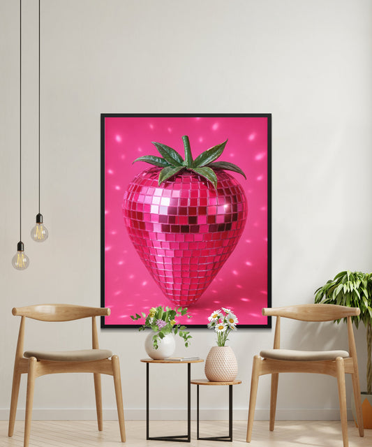 Large Pink Disco Ball Strawberry Art Print, Modern Funky Wall Decor, Vibrant Kitchen Artwork