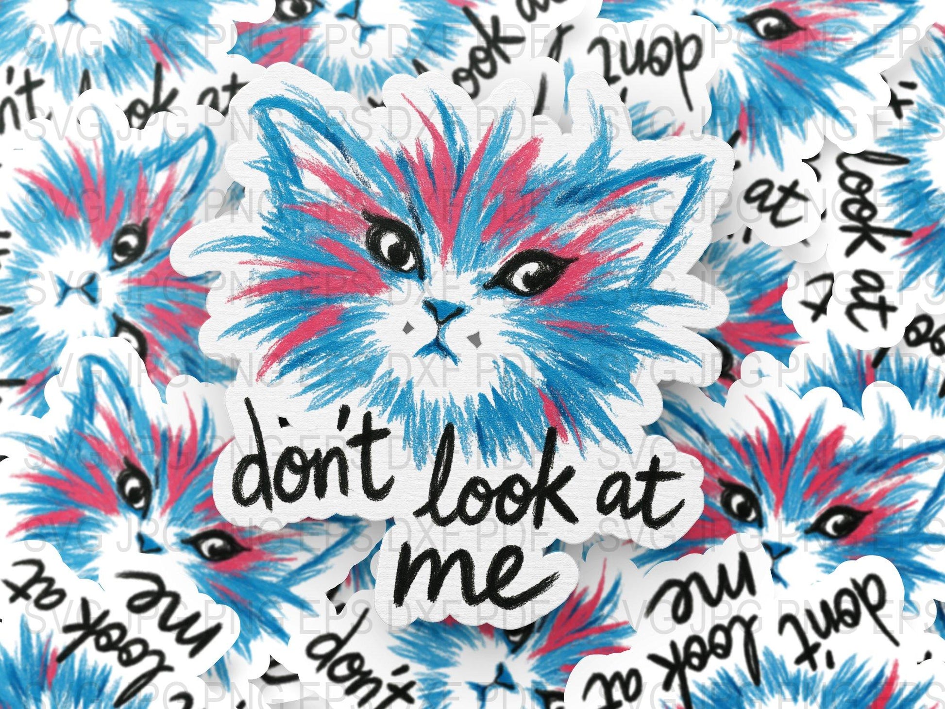 Colorful Cat Sticker, Don't Look At Me Quote, Cute Kitten Decal, Blue Red White, Laptop Car Decoration, Unique Gift Idea