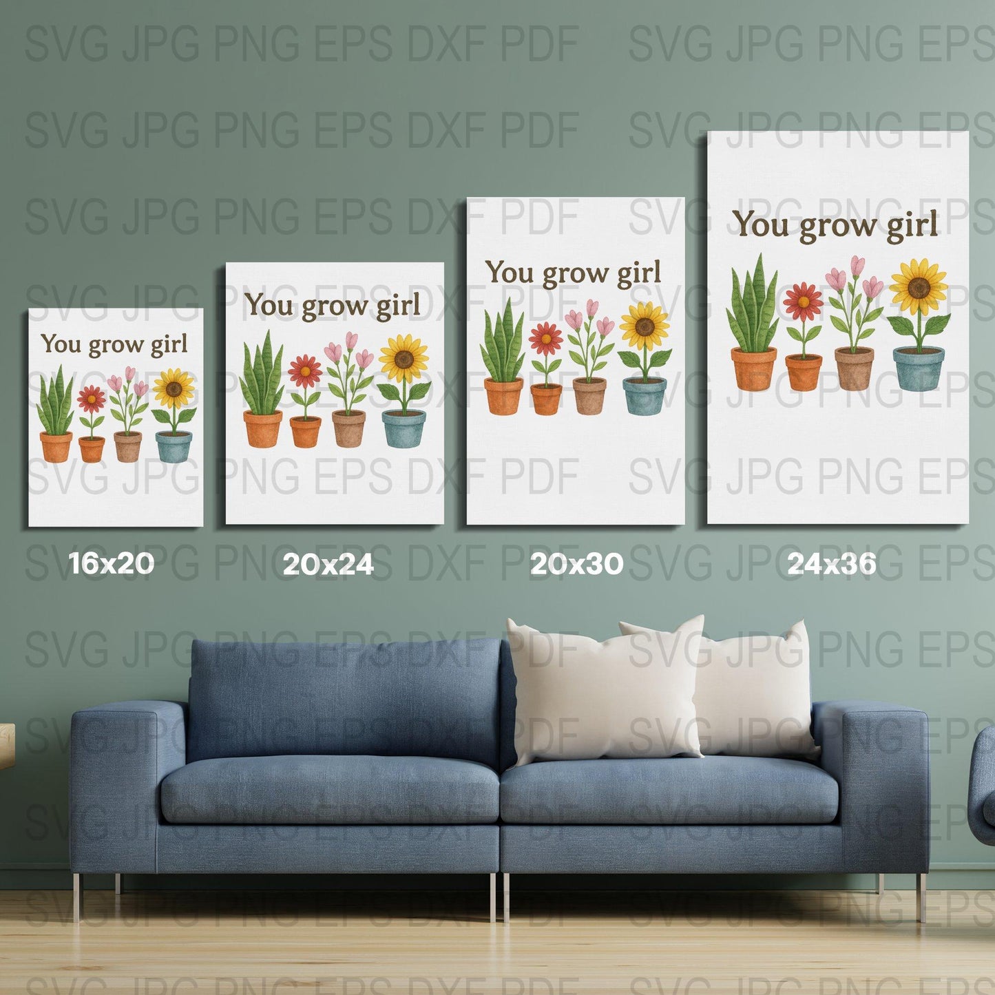 You Grow Girl Inspirational Quote Wall Art, Sunflower and Cactus Prints, Digital Download Home Decor Set
