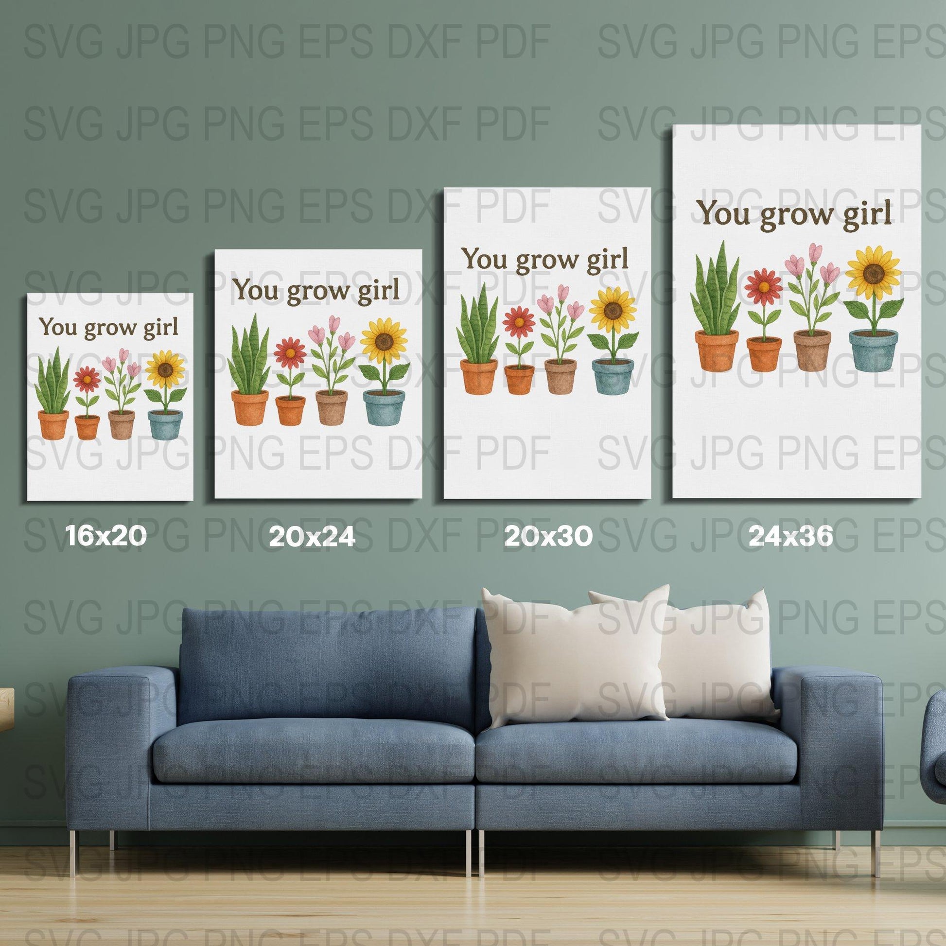 You Grow Girl Inspirational Quote Wall Art, Sunflower and Cactus Prints, Digital Download Home Decor Set