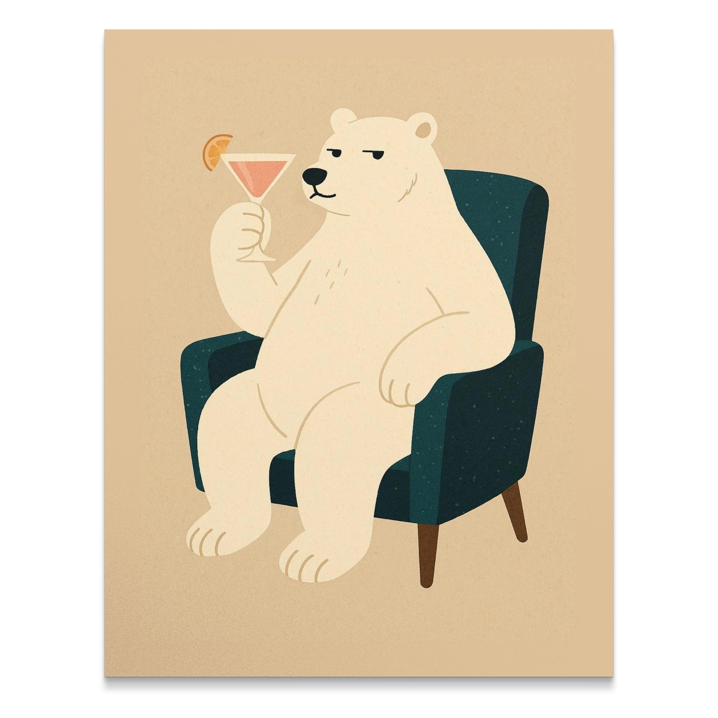 Relaxing Polar Bear Art Print, Cocktail Bear Illustration, Cute Animal Wall Decor, Whimsical Nursery Artwork, Gift Idea
