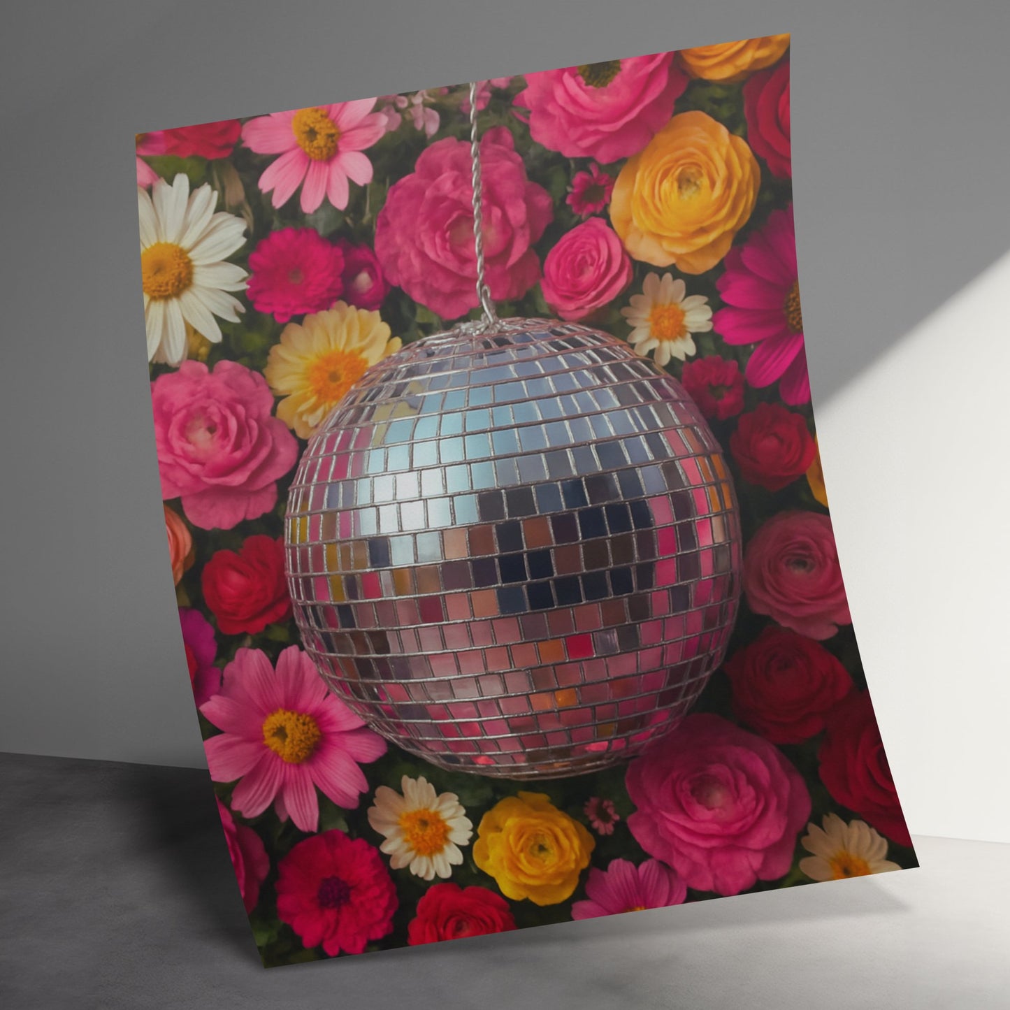 Colorful Floral Disco Ball Print, Vintage Party Decor, Home Wall Art, Retro Flowers Poster