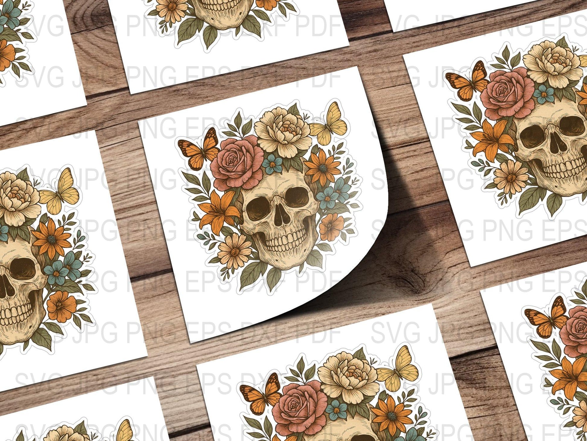 Floral Skull Clipart, Watercolor Sugar Skull, Printable Halloween Decor, Day of the Dead, Digital Download, Tattoo Design, Craft Supplies