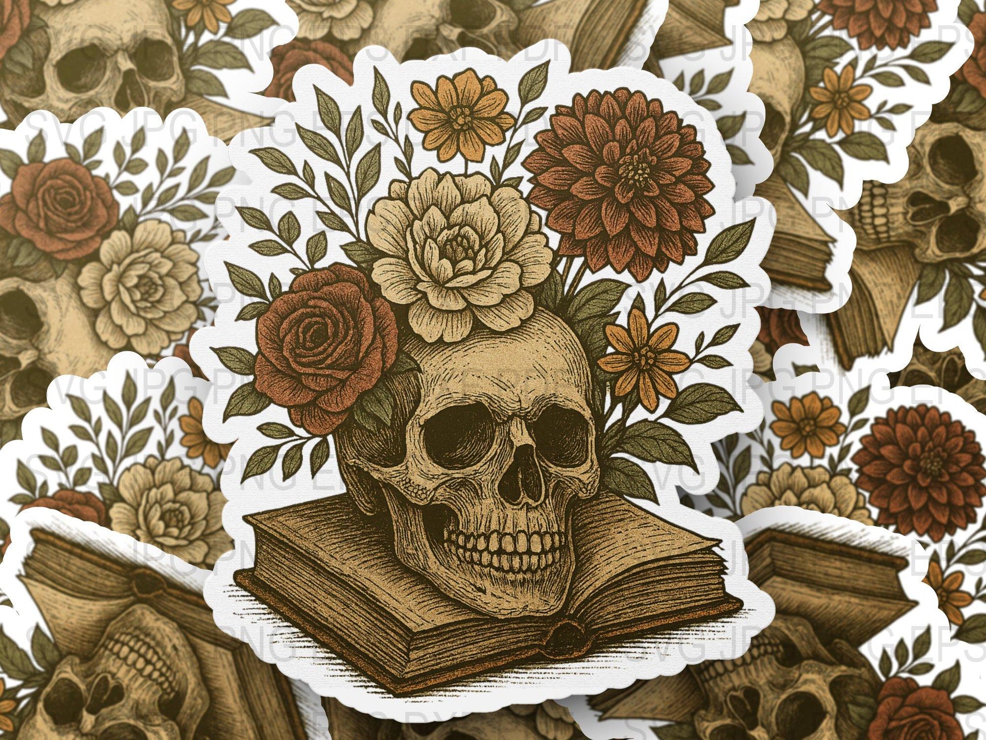 Vintage Floral Skull Sticker, Die-Cut Gothic Book Lover Decal, Unique Halloween Laptop Decoration