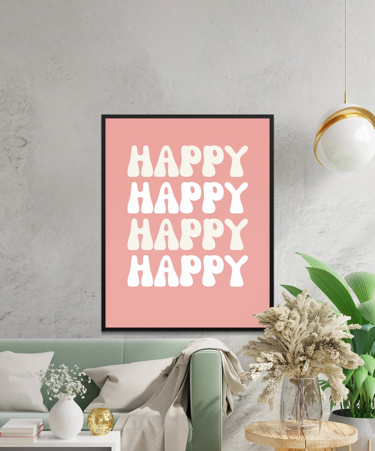 Modern Happy Typography Art Print, Pink and White Minimalist Wall Decor for Living Room, Trendy Home Decor