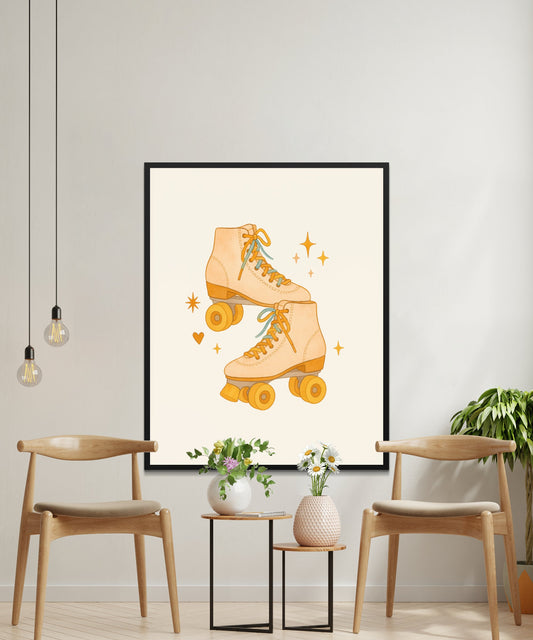 Vintage Roller Skates Art Print, Retro Skating Wall Decor, Orange Roller Derby Poster, Home Interior Decoration, Gift Idea