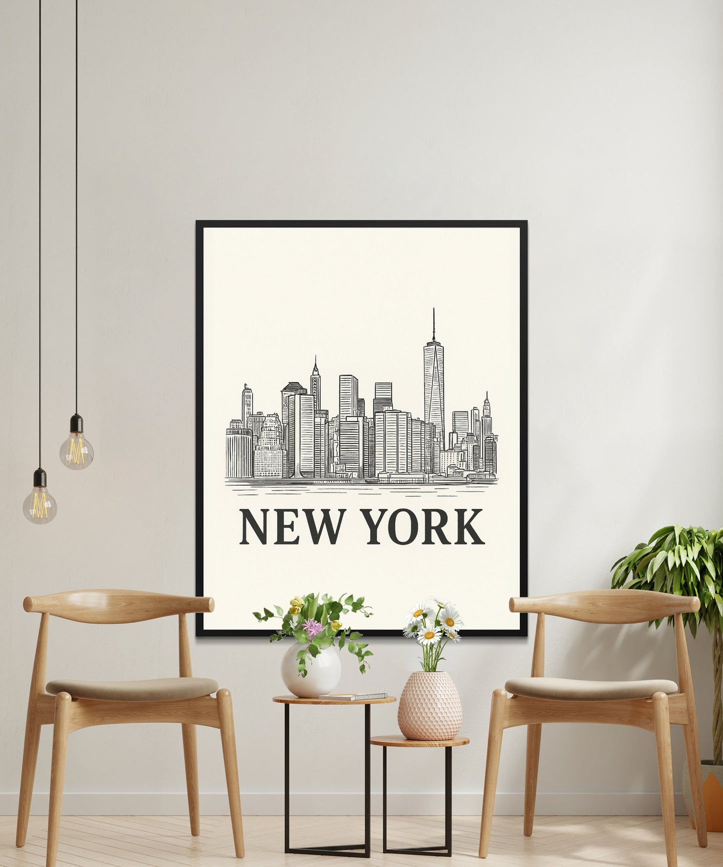Modern New York City Skyline Wall Art, Minimalist Urban Decor, Large Framed Poster, Home Office Decoration, Stylish Monochrome Design