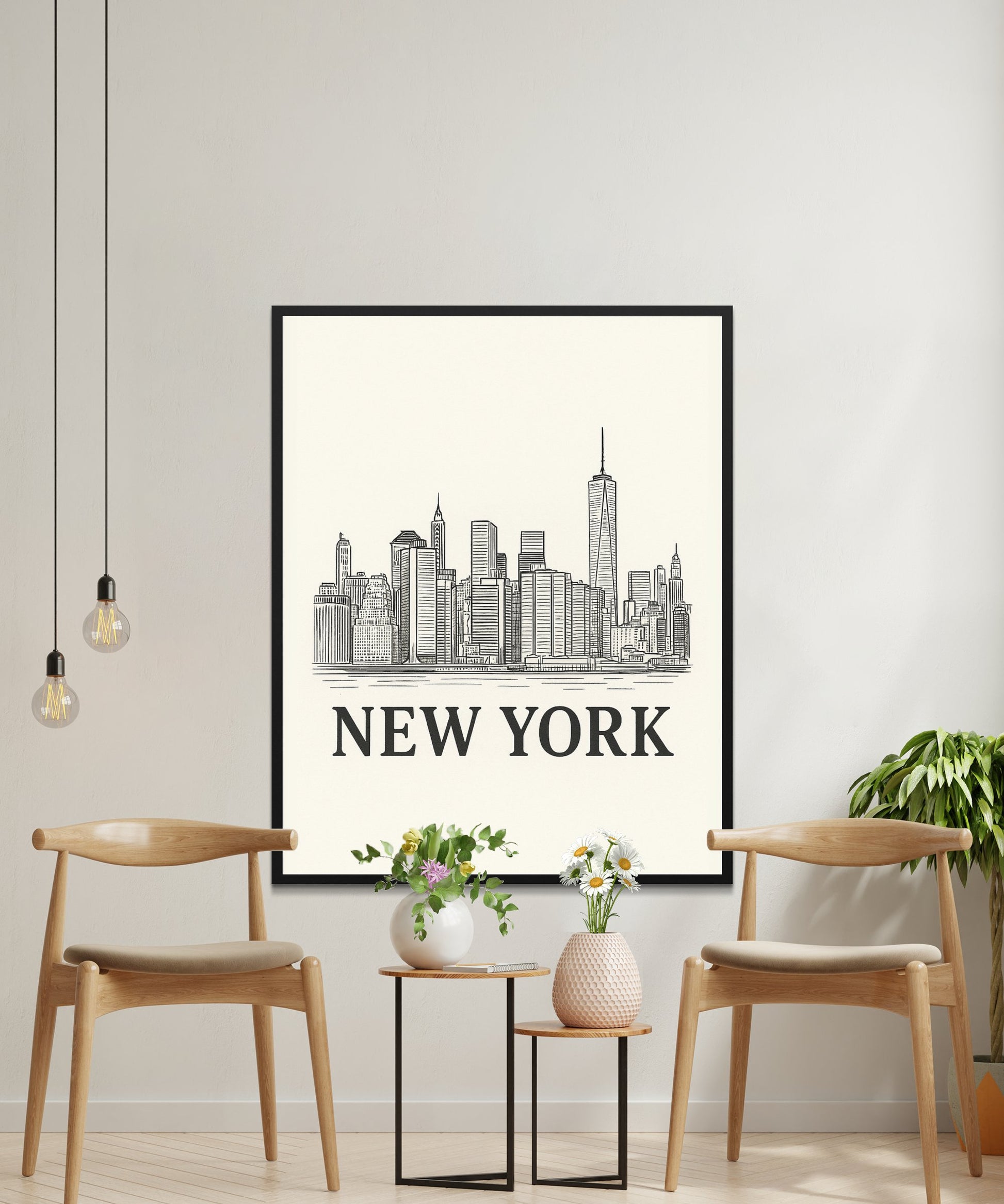 Modern New York City Skyline Wall Art, Minimalist Urban Decor, Large Framed Poster, Home Office Decoration, Stylish Monochrome Design