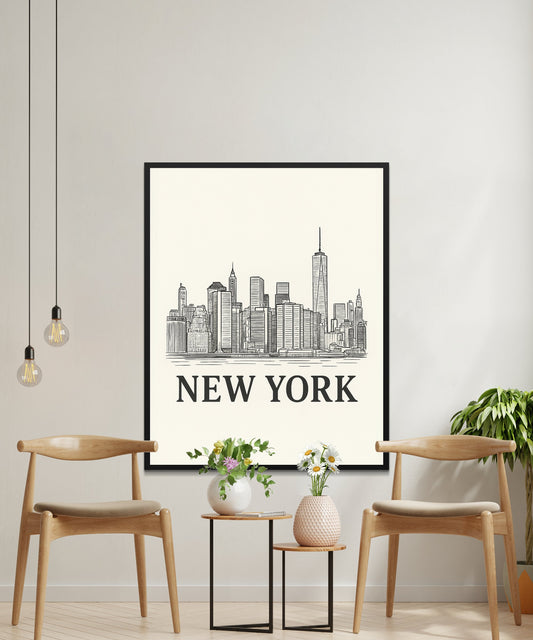 Modern New York City Skyline Wall Art, Minimalist Urban Decor, Large Framed Poster, Home Office Decoration, Stylish Monochrome Design