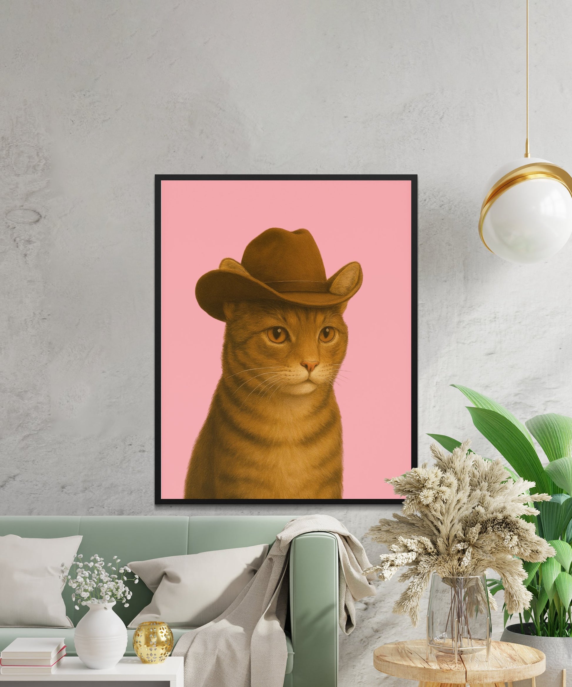Cowboy Hat Cat Art Print, Quirky Wall Decor, Orange Tabby Cat Poster, Modern Home Interior Design, Unique Animal Artwork, Gift Idea