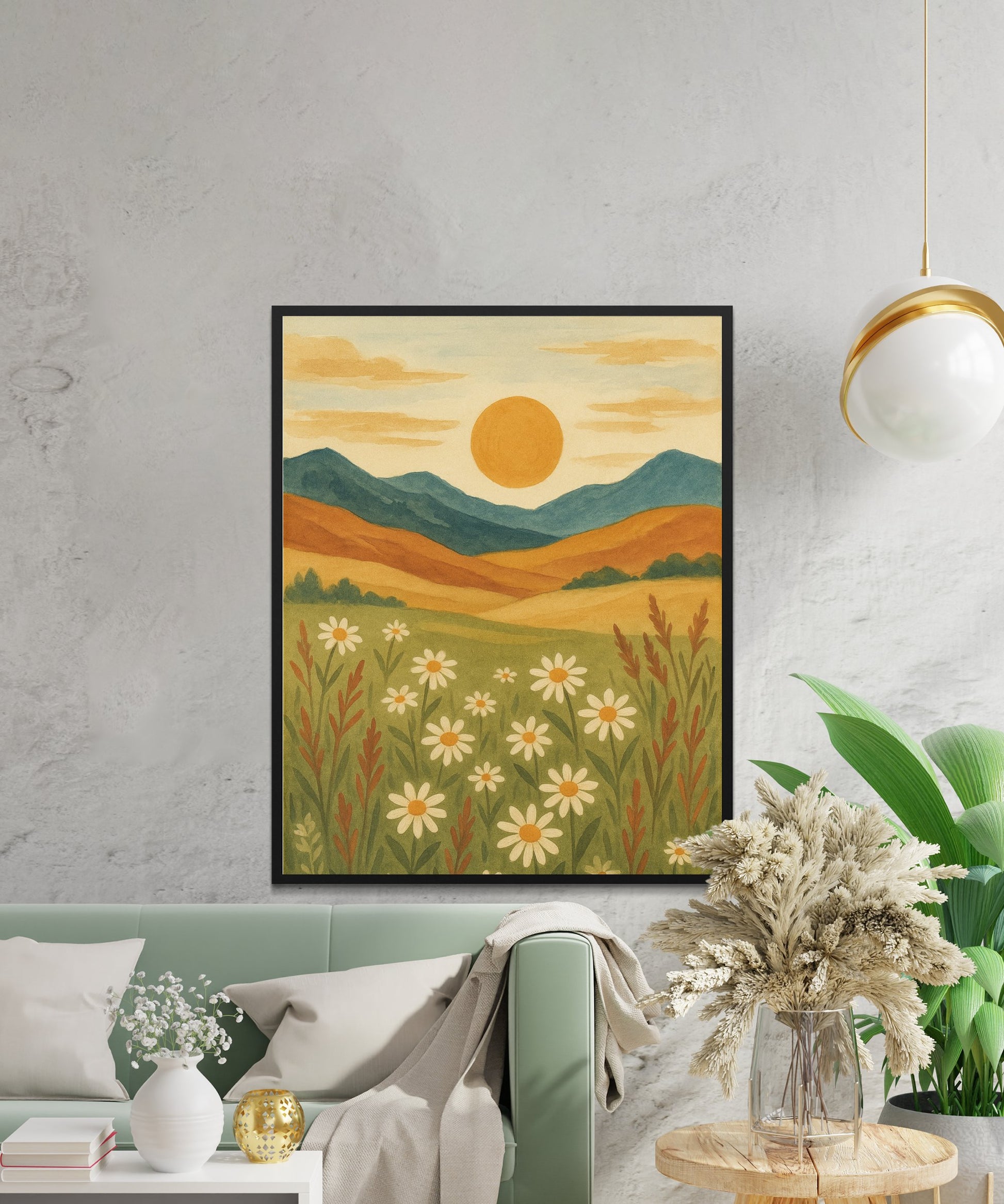 Rustic Landscape Wall Art, Sunset Mountain Scene, Floral Meadow Painting, Vibrant Home Decor