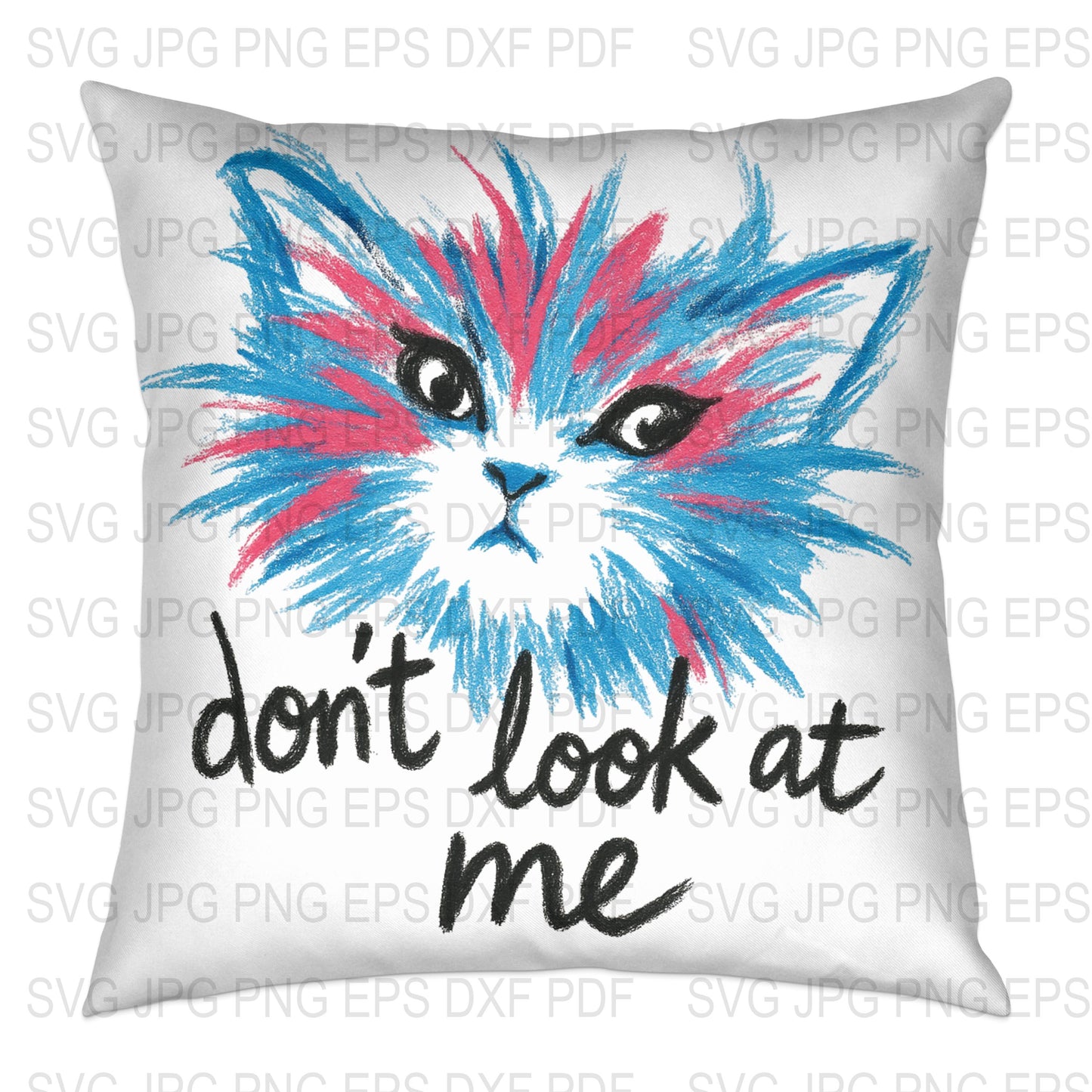 Colorful Cat Art Pillow Cover, 'Don't Look at Me' Text, Blue Red Black Graphic, Decorative Cushion Case