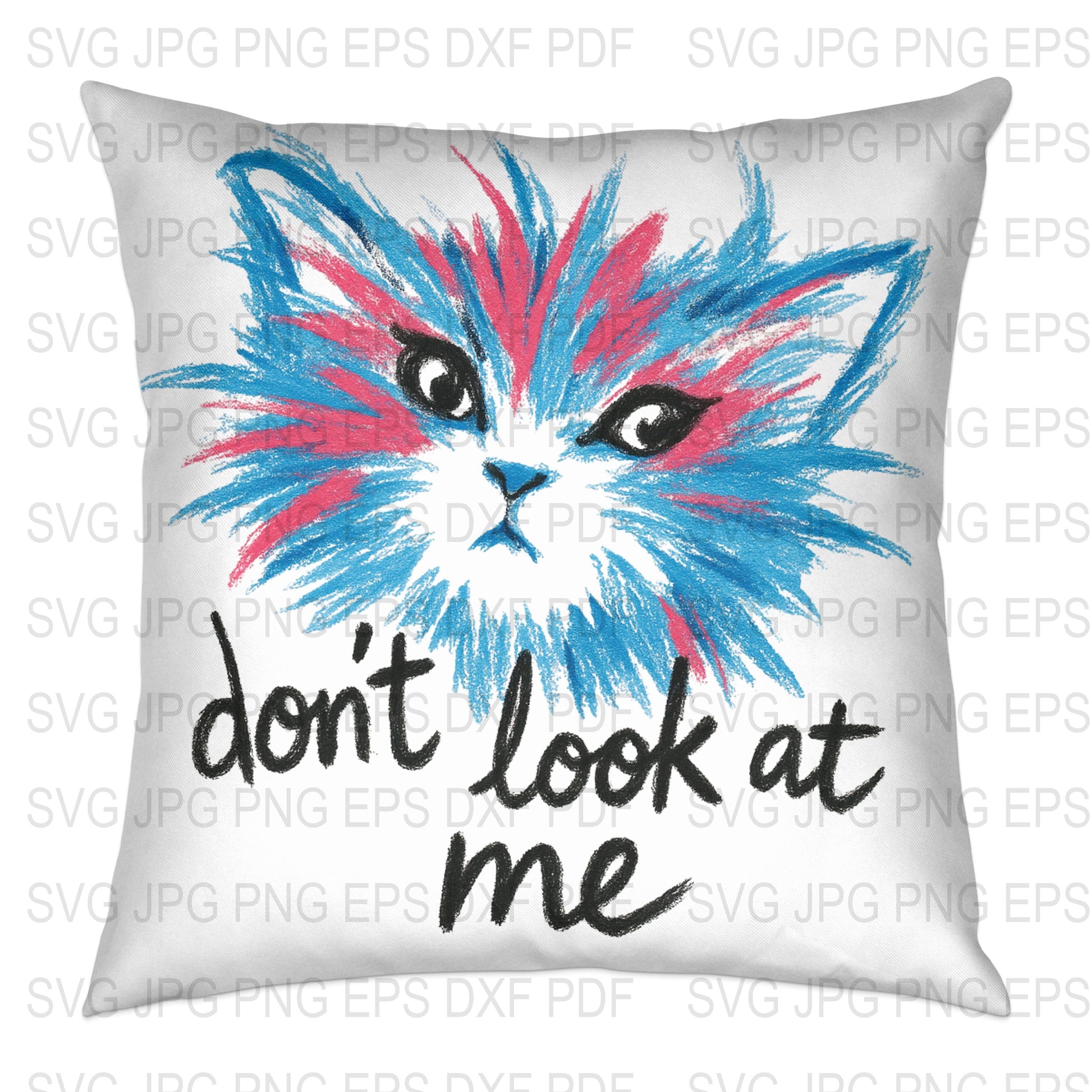 Colorful Cat Art Pillow Cover, 'Don't Look at Me' Text, Blue Red Black Graphic, Decorative Cushion Case