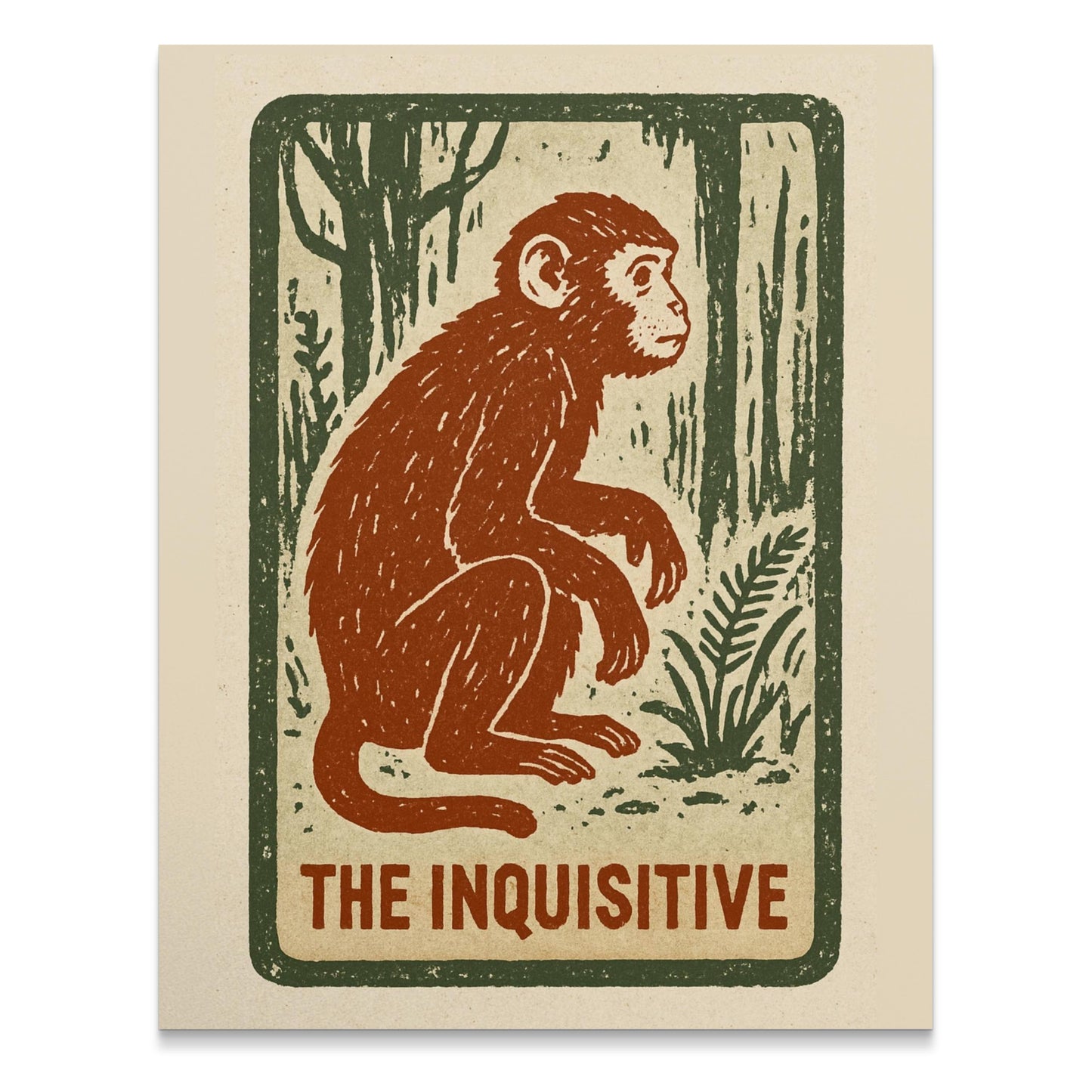 Vintage-Inspired Monkey Linocut Print, Rustic Jungle Animal Wall Art, The Inquisitive Monkey Illustration, Unique Home Decor