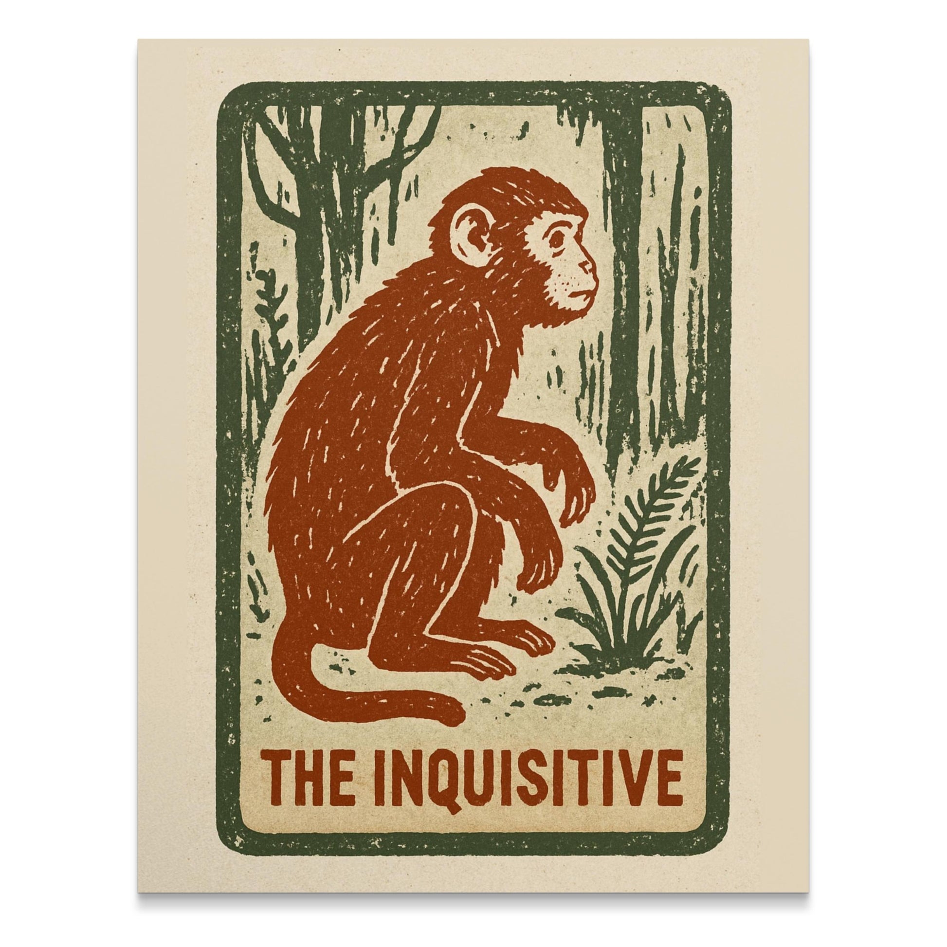 Vintage-Inspired Monkey Linocut Print, Rustic Jungle Animal Wall Art, The Inquisitive Monkey Illustration, Unique Home Decor