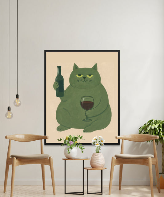 Cat Wall Art Print, Green Fat Cat Drinking Wine, Quirky Home Decor Poster, Unique Animal Artwork for Living Room