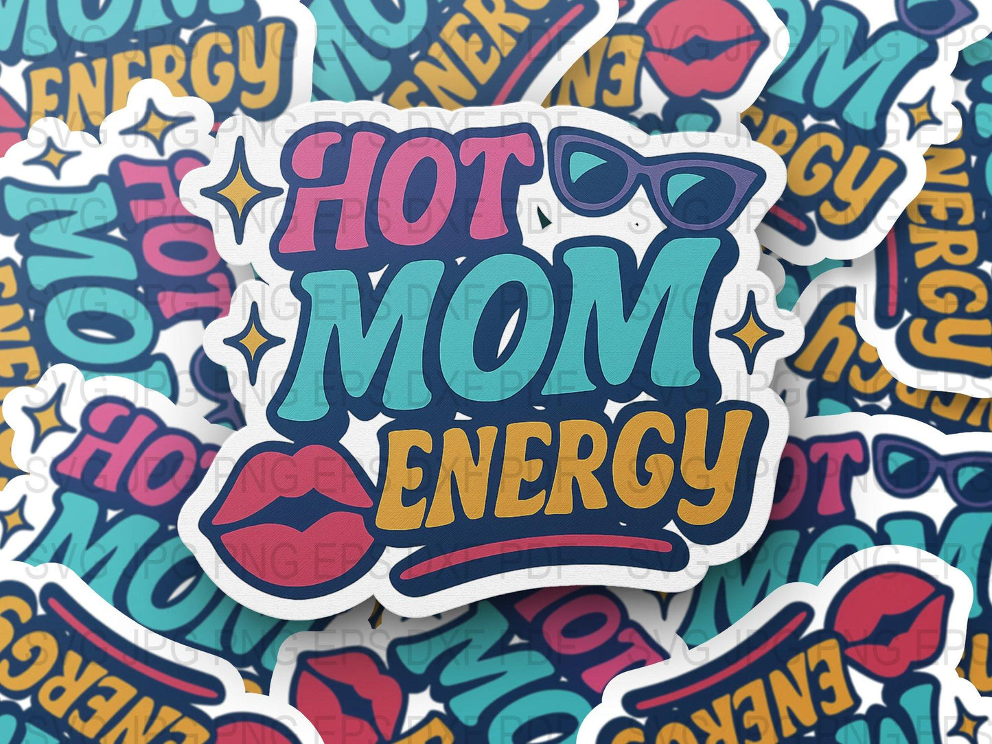 Hot Mom Energy Sticker, Colorful Bold Text with Sunglasses, Fun Gift for Moms, Vinyl Decal for Laptops and Cars