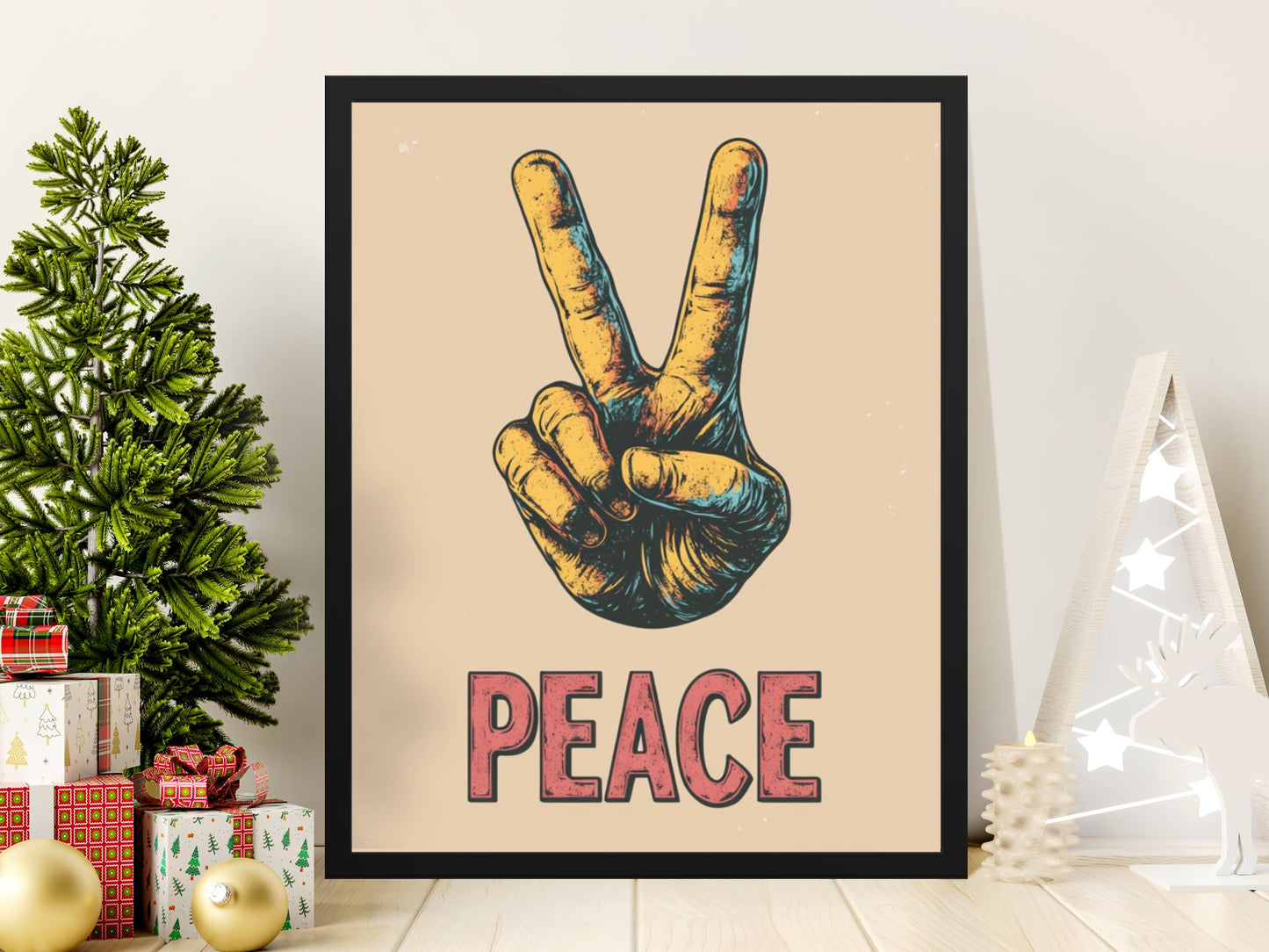 Retro Peace Sign Poster, Vintage Hand Gesture Wall Art, Hippie Decor, 70s Style Print, Home Decor Gift Idea