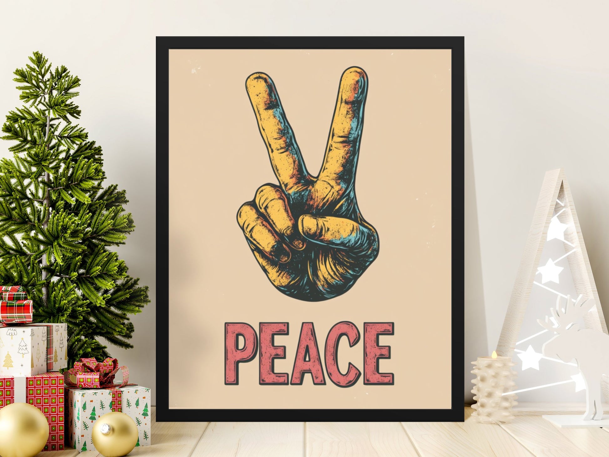 Retro Peace Sign Poster, Vintage Hand Gesture Wall Art, Hippie Decor, 70s Style Print, Home Decor Gift Idea